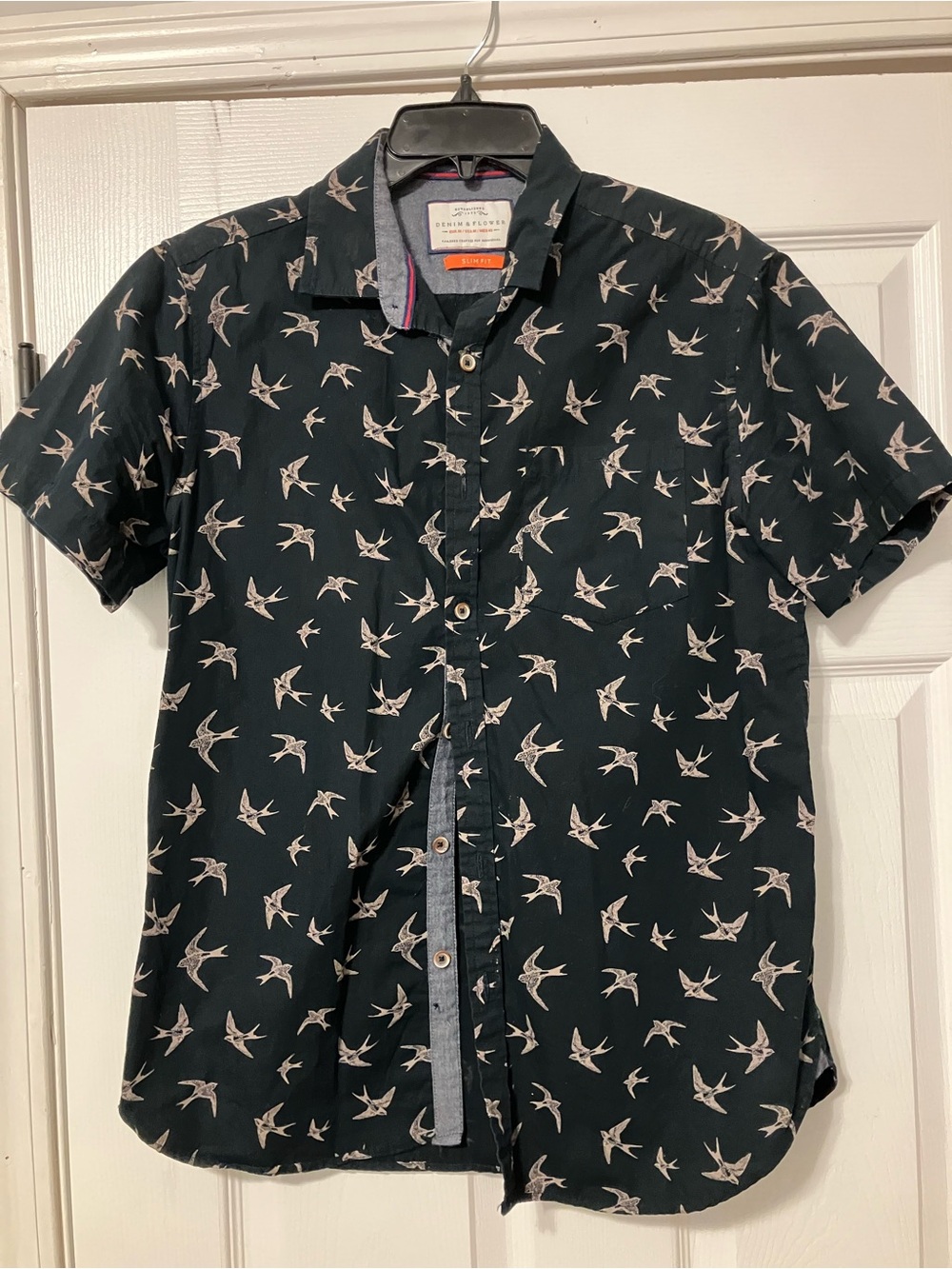 Denim & Flower Shirt Blue Bird Design Short Sleeve Button Pocket Slim Fit Mens L